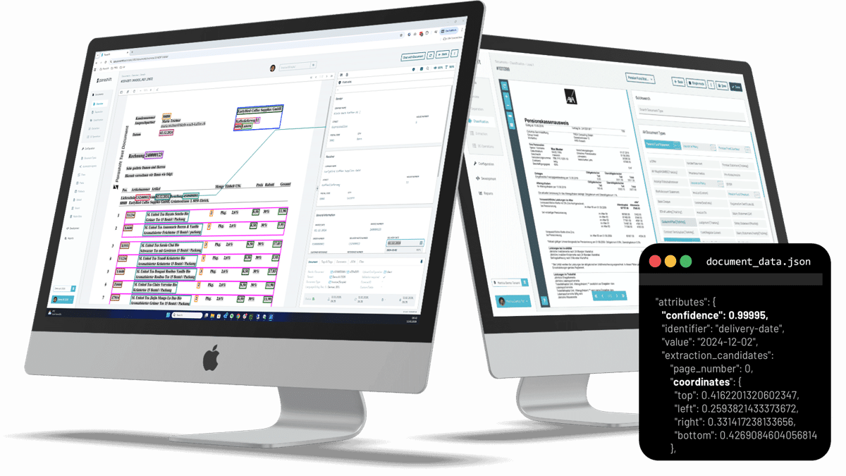 Parashift Platform: invoice extraction with bounding boxes and pension certificate classification, with a document_data.json excerpt